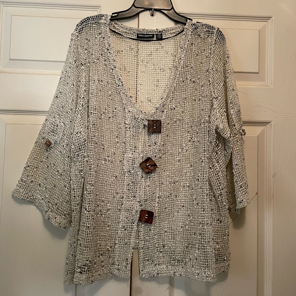 NINA LEONARD Top Jacket Mesh W/Brown Big Buttons Size 3X